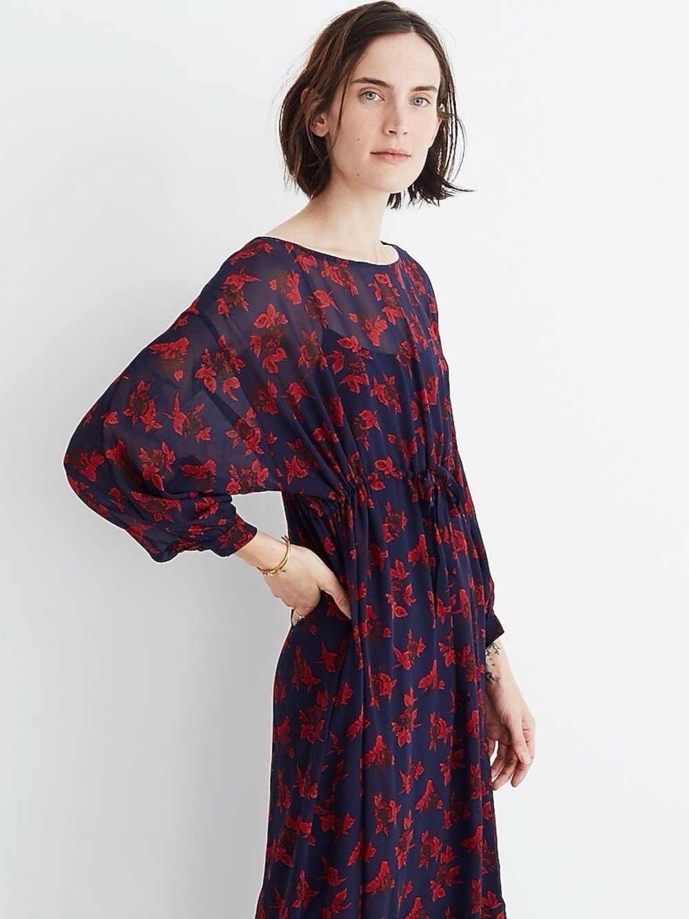 Madewell Navy Floral Long-Sleeve Midi Dress